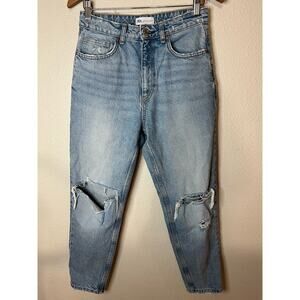 Zara blue ripped distressed high rise button fly straight leg jeans 6